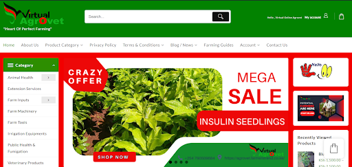 The intuitive and user-friendly dashboard of the Farmers Trend Virtual Agrovet online marketplace, showcasing product categories, search features, and cart functionality for easy farm input shopping in Kenya.