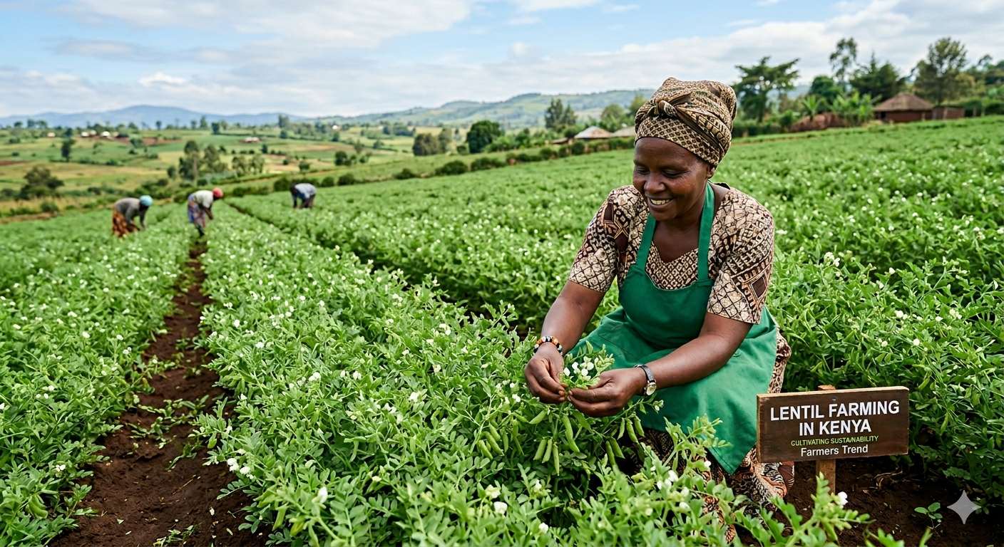 An AI-generated image depicting a farmer inspecting a thriving lentil field, representing the modern and innovative approach to lentil farming in Kenya using improved seeds and agronomic techniques.