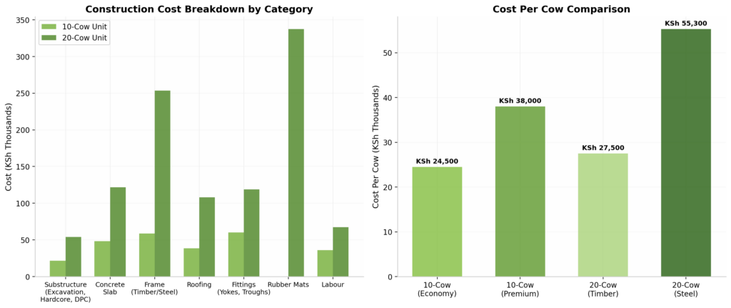 Construction cost breakdown by category and per-cow cost comparison across different unit configurations. The 20-cow steel unit has the highest per-cow cost but offers the best long-term efficiency.