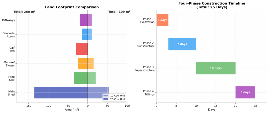 Land footprint comparison by component (left) and the four-phase construction timeline showing typical durations for each phase (right).