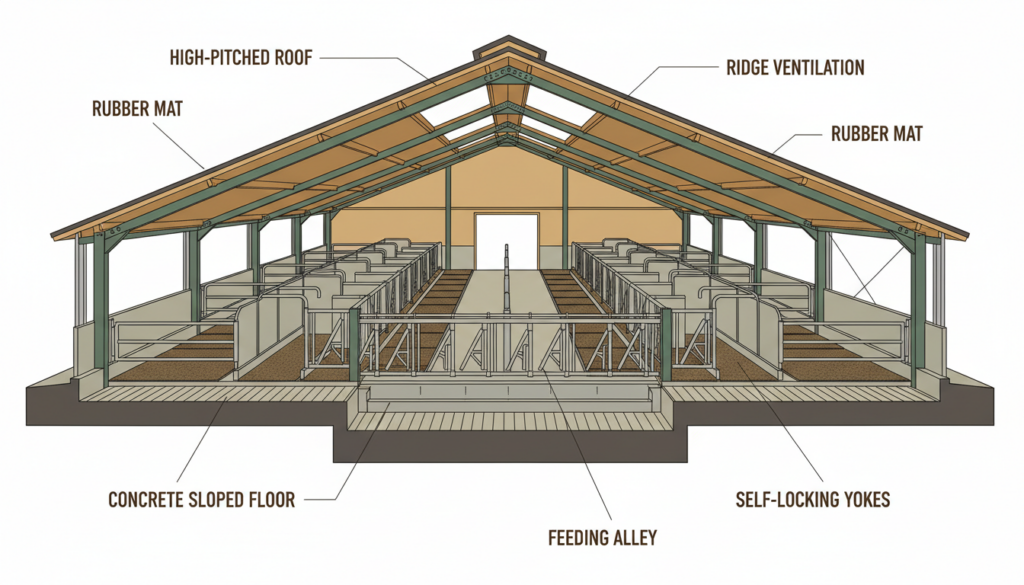 Cross-section of a modern zero grazing unit showing essential components including cubicles with rubber mats,self-locking yokes, sloped concrete floors, and ridge ventilation. 