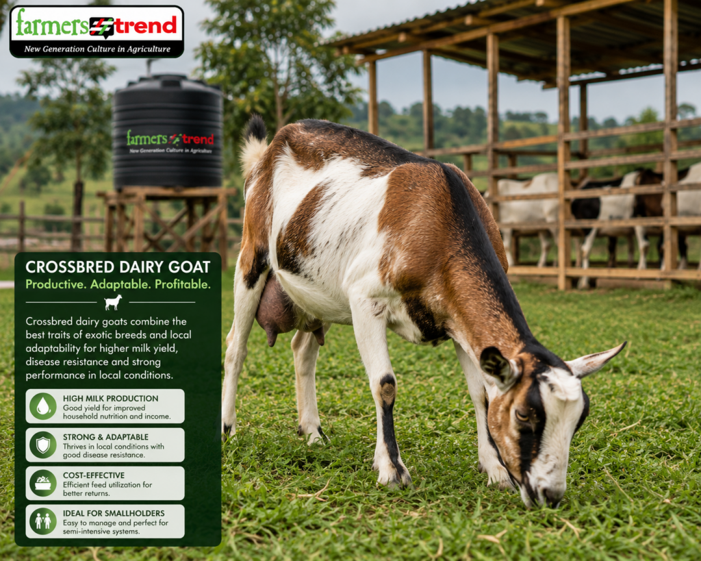 A healthy crossbred dairy goat grazing in a semi-intensive farm environment.