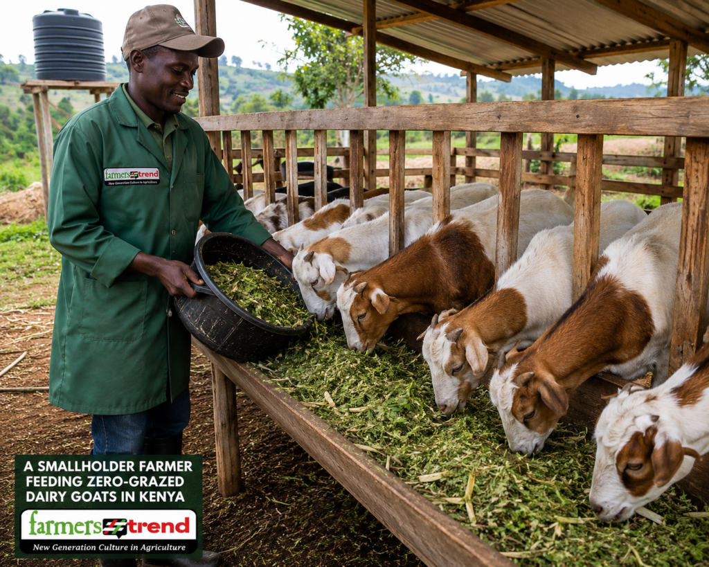 A smallholder farmer in Kenya feeding zero-grazed dairy goats in a elevated wooden pen setup.