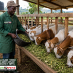 A smallholder farmer in Kenya feeding zero-grazed dairy goats in an elevated wooden pen setup.