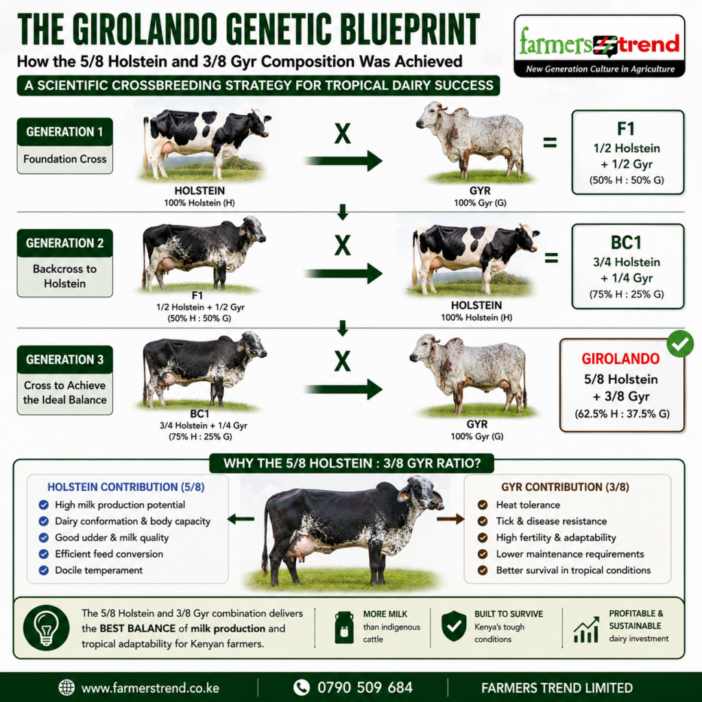 The Girolando Reality: Separating Fact from Fiction in Kenyan Dairy Farming 2026 5 Genetic diagram showing the crossbreeding strategy that produced the 5/8 Holstein and 3/8 Gyr composition
