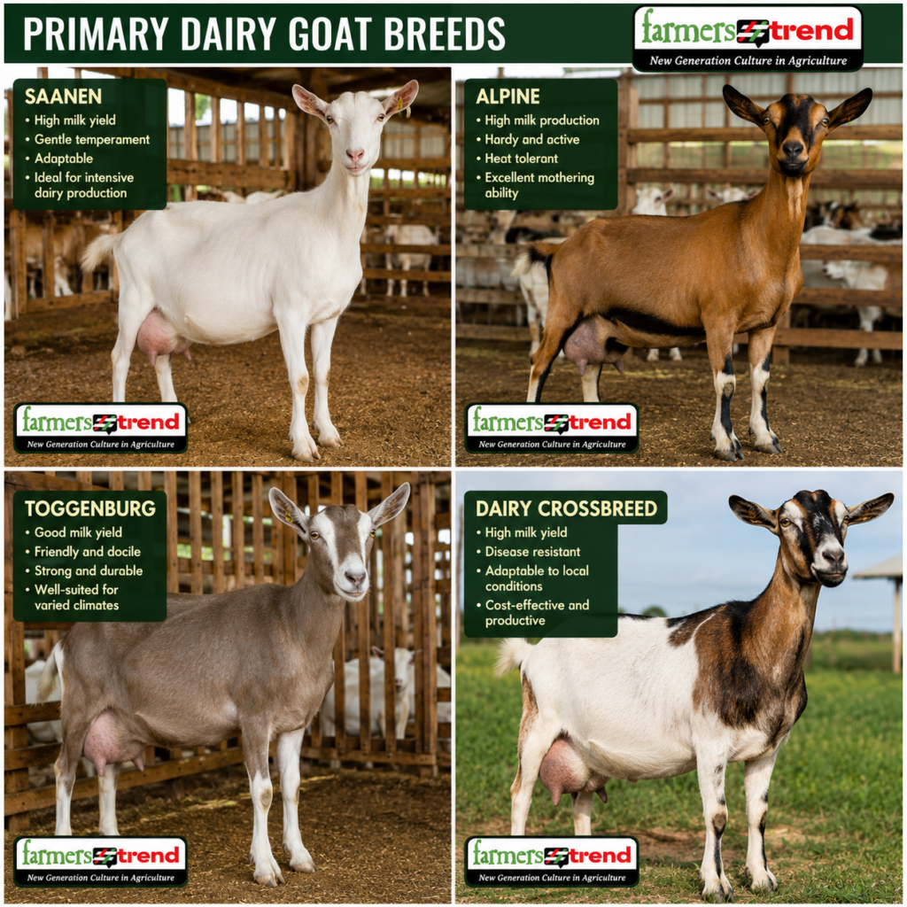 Comparing key dairy goat breeds: Saanen, Alpine, Toggenburg, and local crossbreeds.